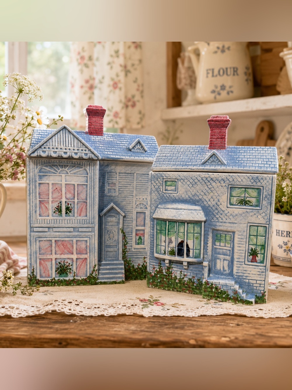 Vintage Ceramic House Canister Set of 2 Blue Cottagecore Kitchen Storage Jars